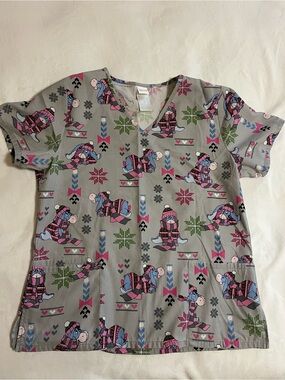 Disney Eeyore Scrub Top Womens size Medium V-Neck Winter Scene Gray